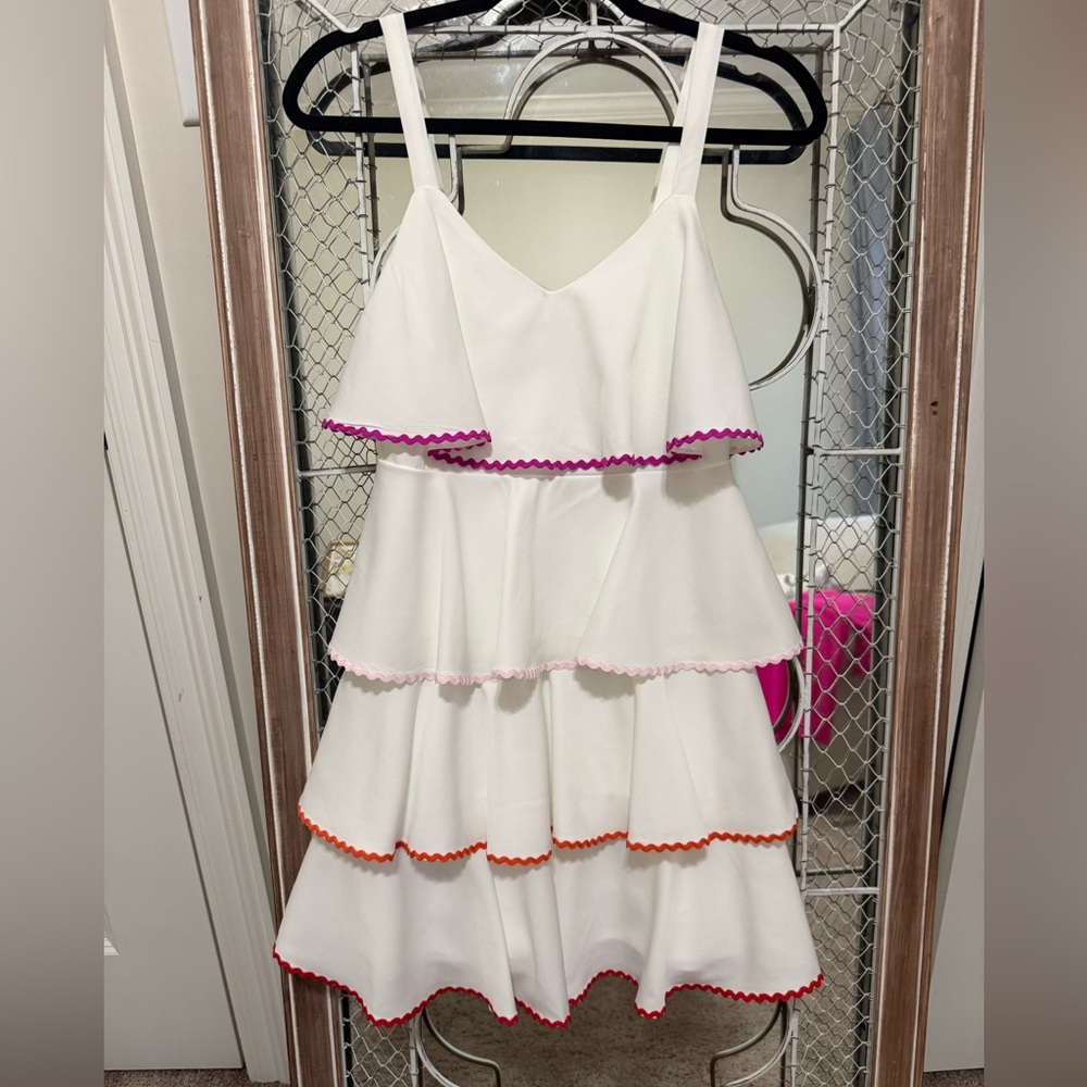 White Tiered Dress with Pink & Orange Trim